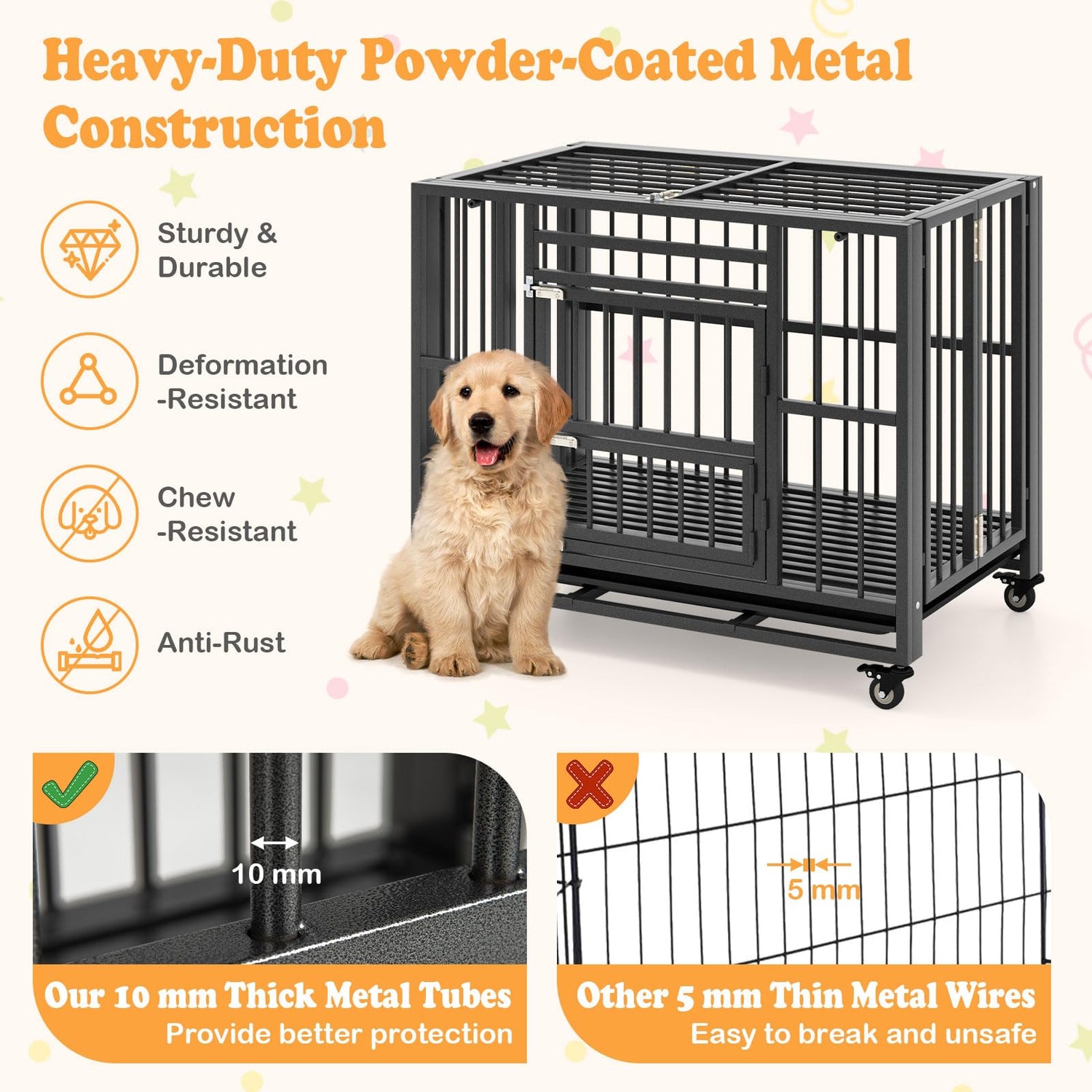 3-Door Heavy Duty Movable Dog Cage with Lockable Universal Wheels