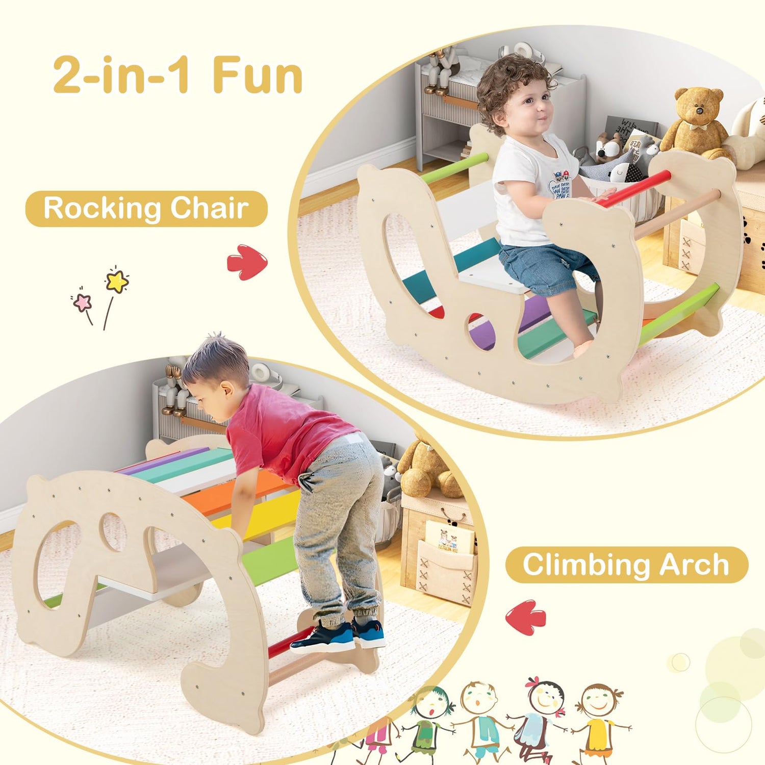 GYMAX Kids Climbing Frame, Toddler Rocking Horse with Backrest & Seat, Indoor Wooden Arch Climber for 1+ Years Old Boys Girls