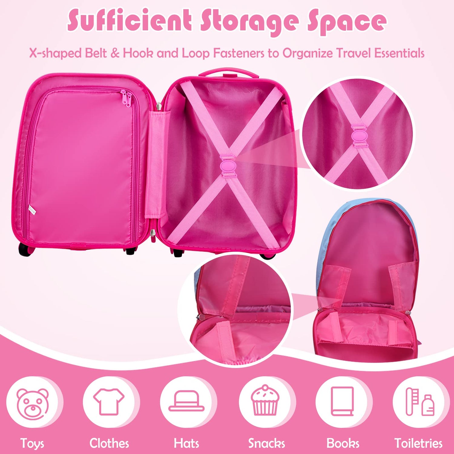 GYMAX 12" & 16" 2Pcs Kids Girls Suitcase and Backpack Set