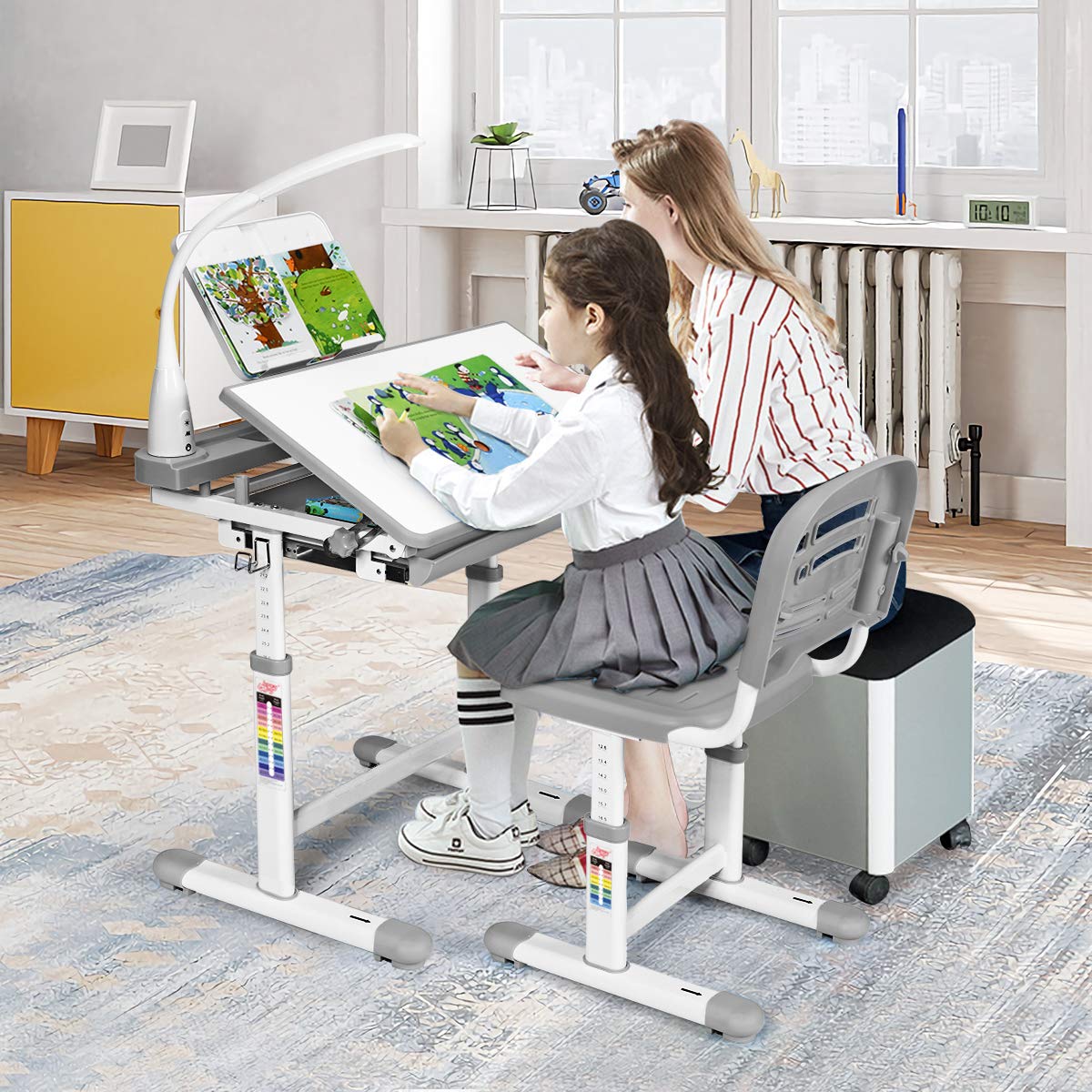 GYMAX Height Adjustable School Student Study Table with Eye Protection Lamp