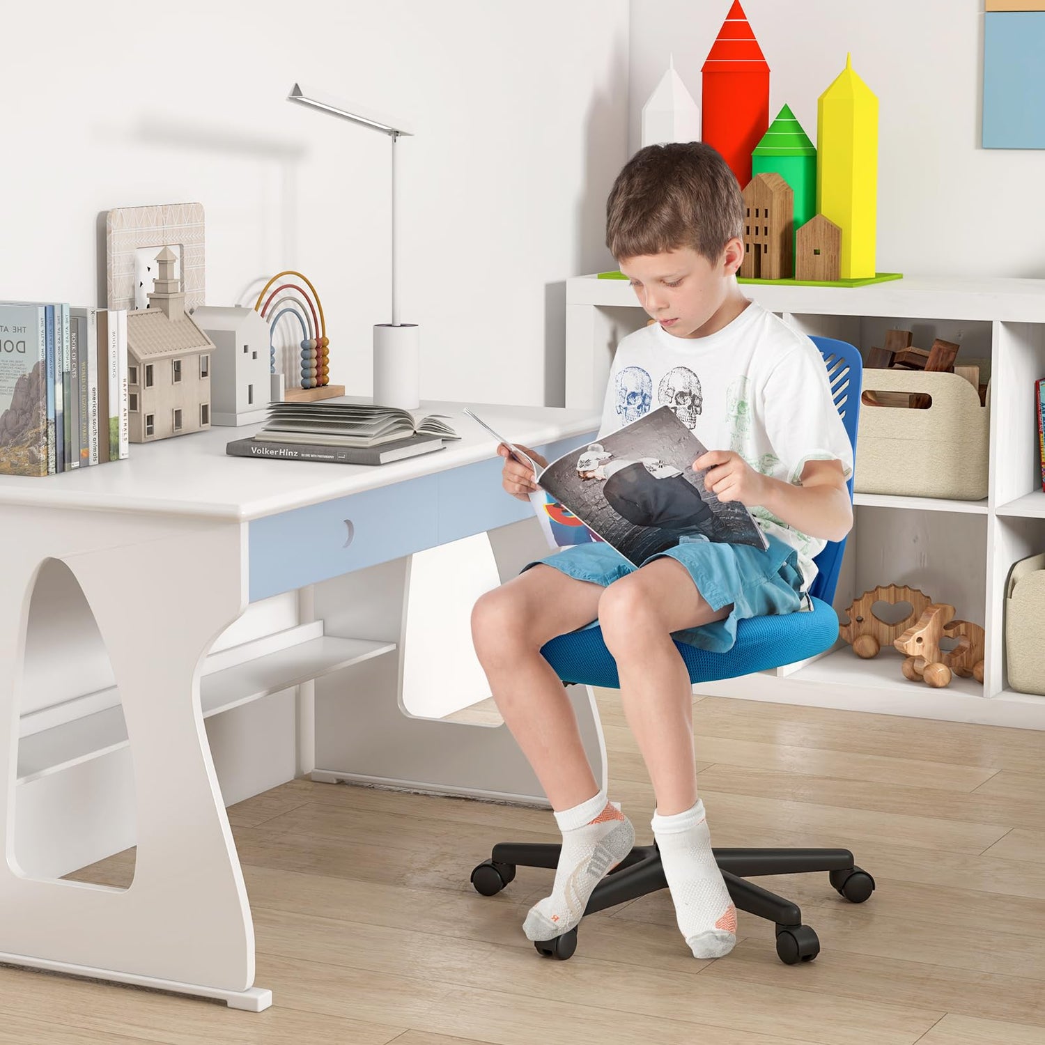 GYMAX Height Adjustable Children Study Chair with Universal Wheels