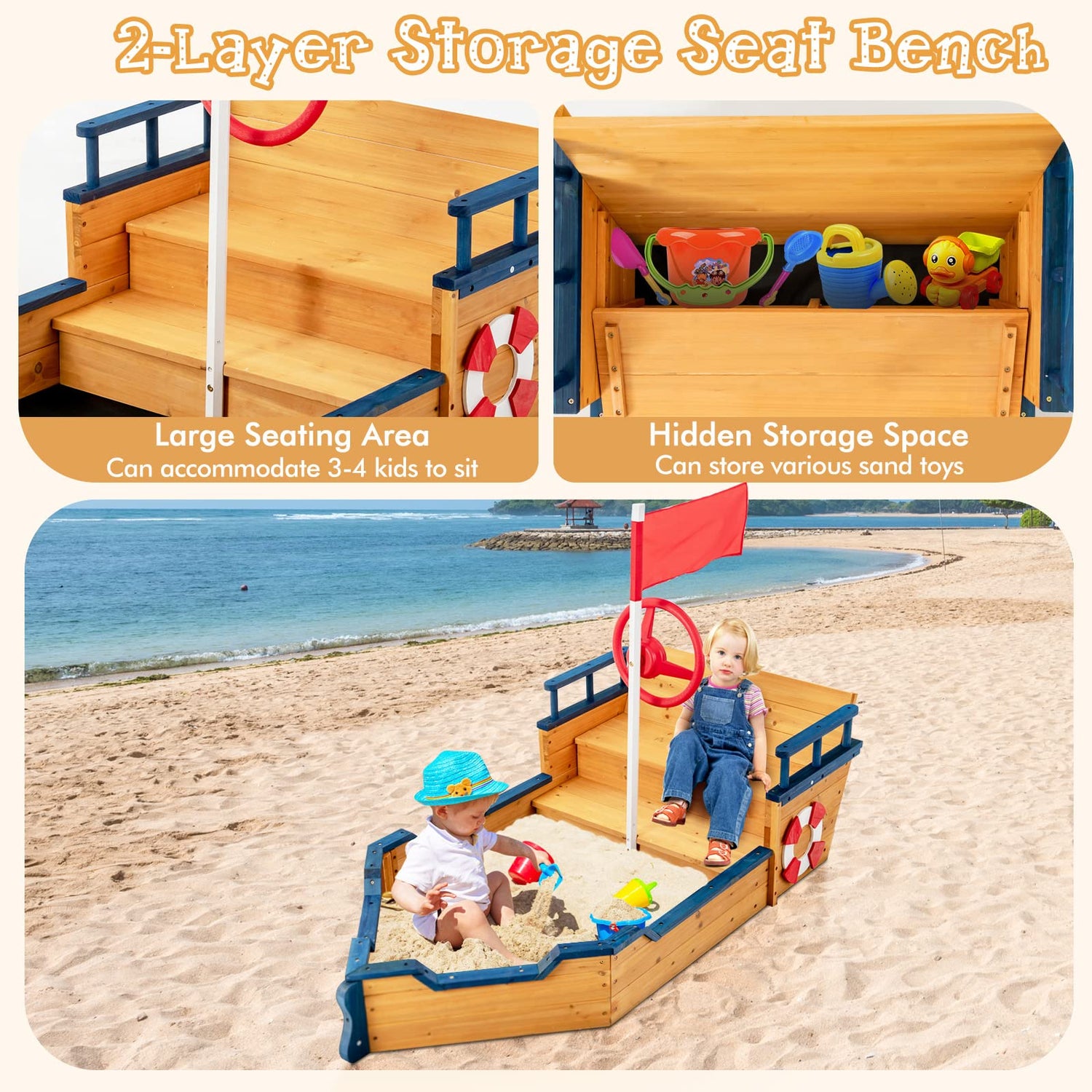 GYMAX Kids Wooden Sandbox, Pirate Ship Sandpit with Bench Seats, Hidden Storage, Flag