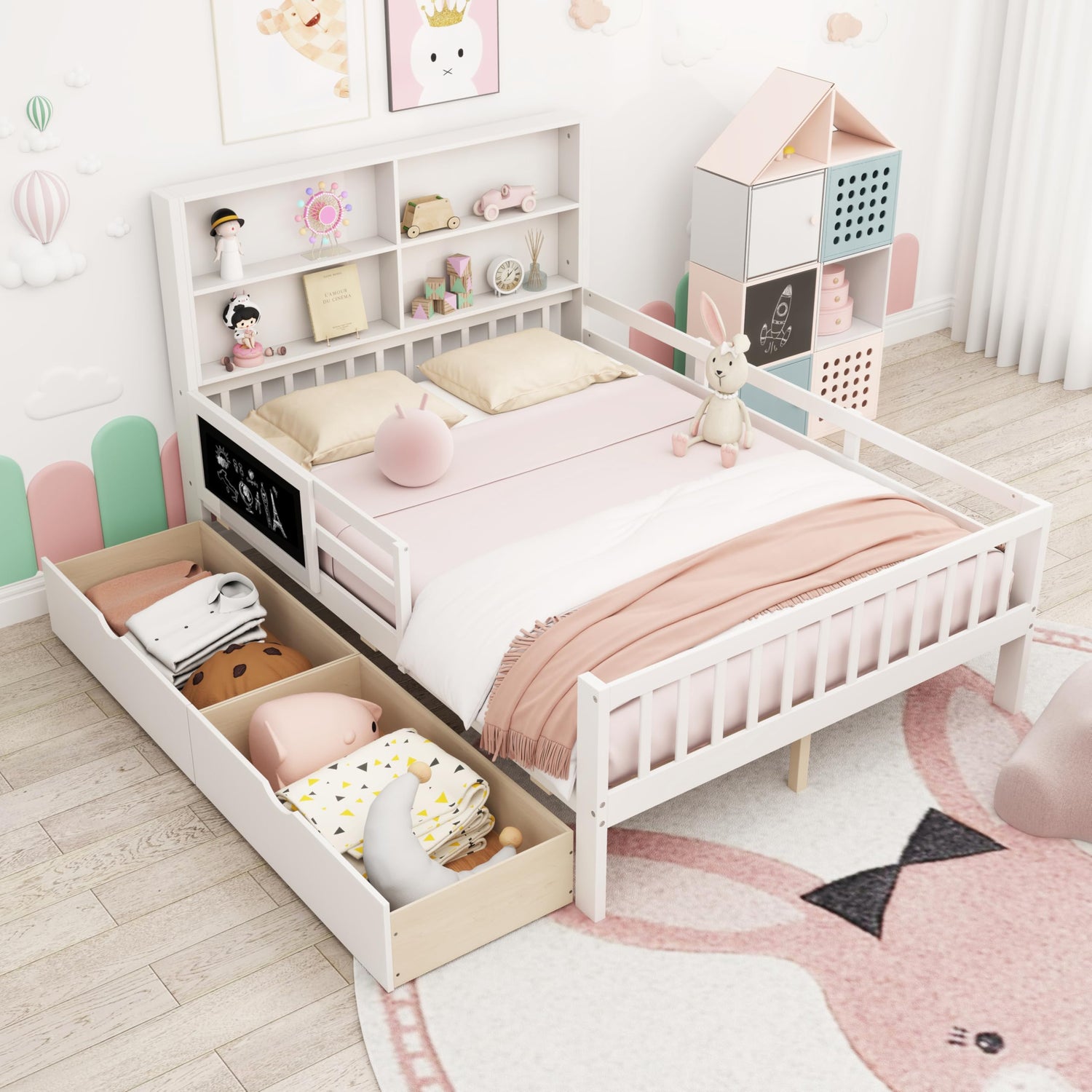 GYMAX Wooden Kids Floor Bed with Guardrails