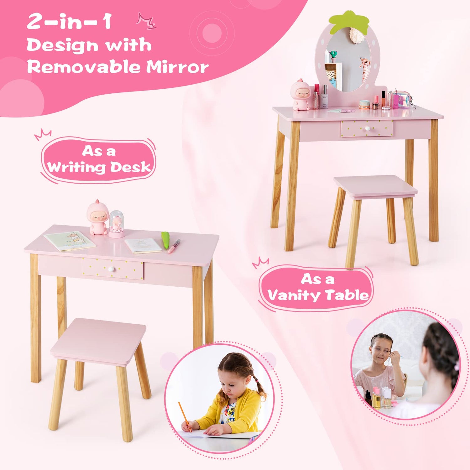 GYMAX Kids Dressing Table and Stool Set