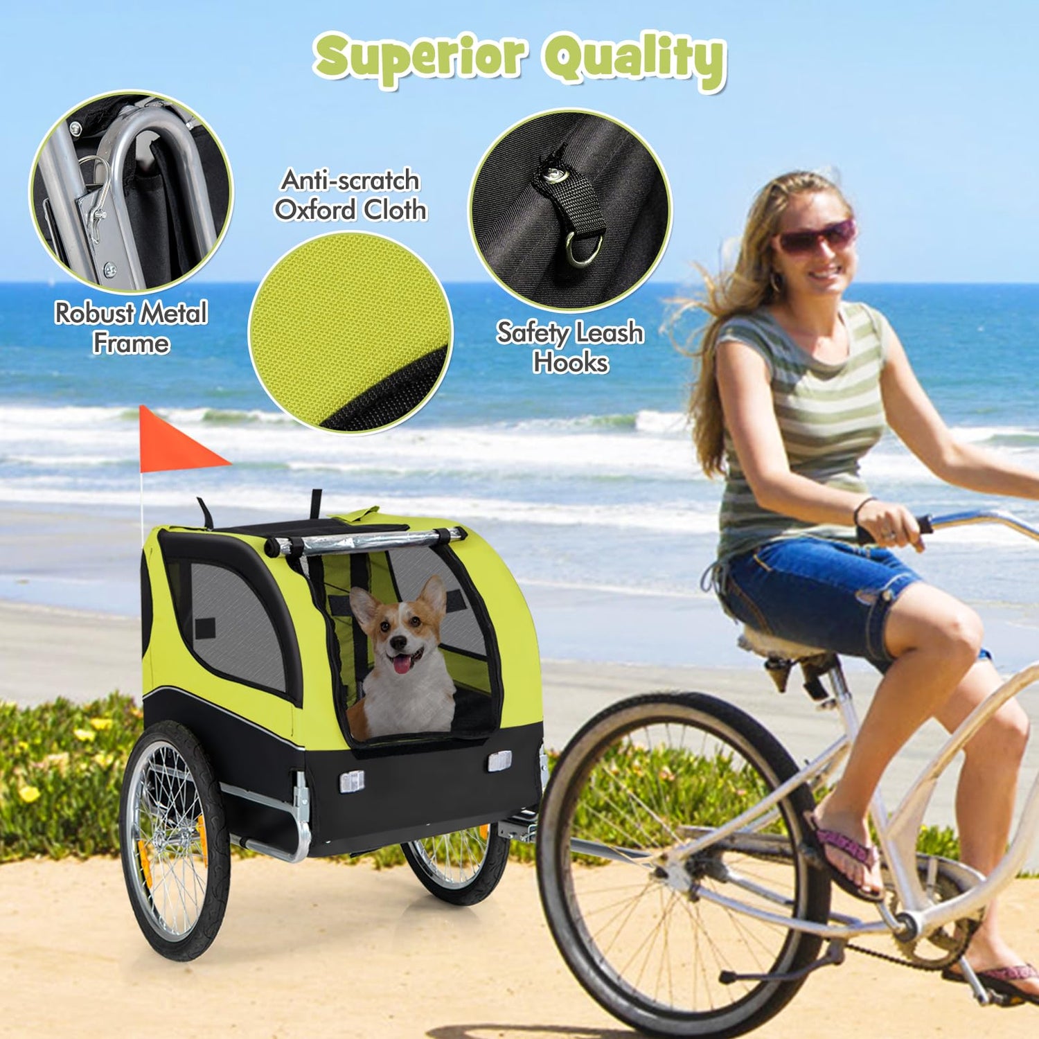 GYMAX Dog Bike Trailer, Folding Pet Bicycle Cart Carrier with 3 Entrances, Safety Flag, Reflectors