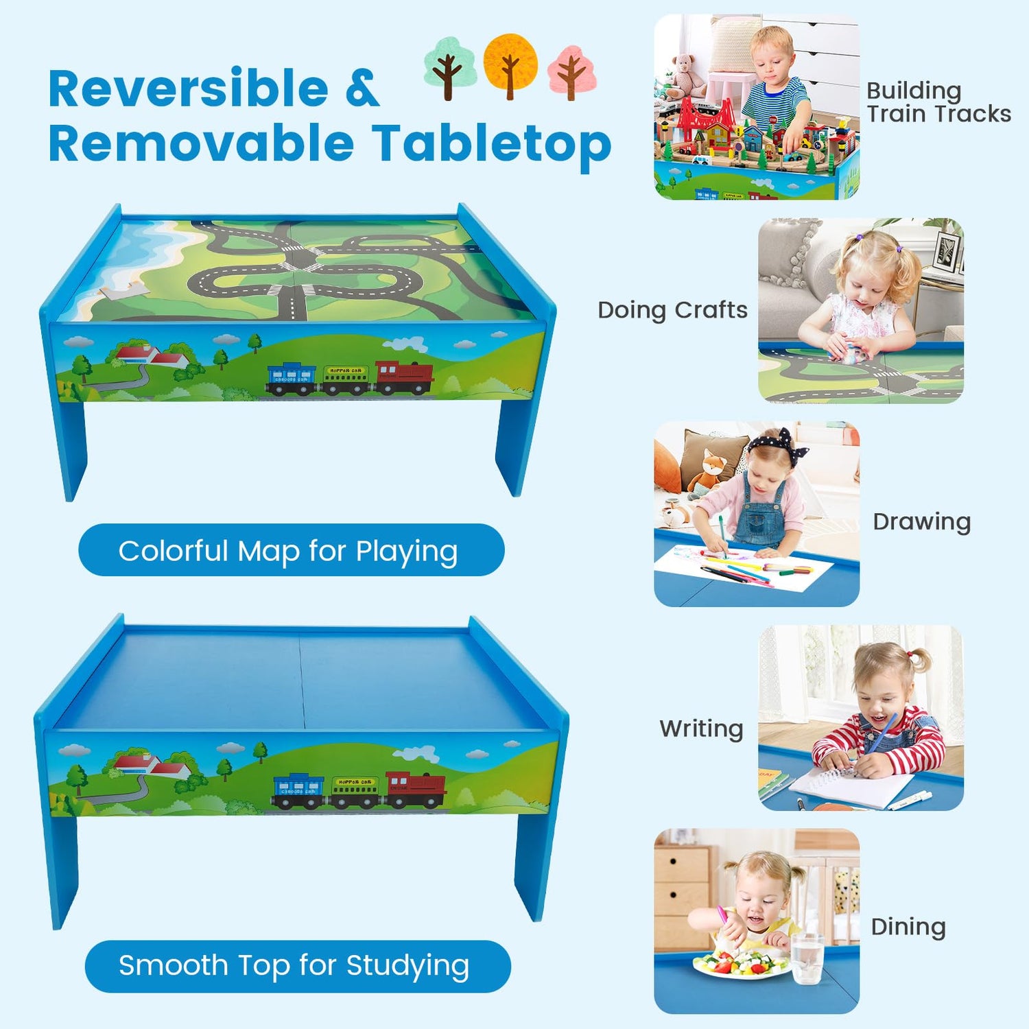 GYMAX Children Train Track Set, Kids Train Play Table with Abundant Accessories (80PCS, 83 x 60 x 40 cm)