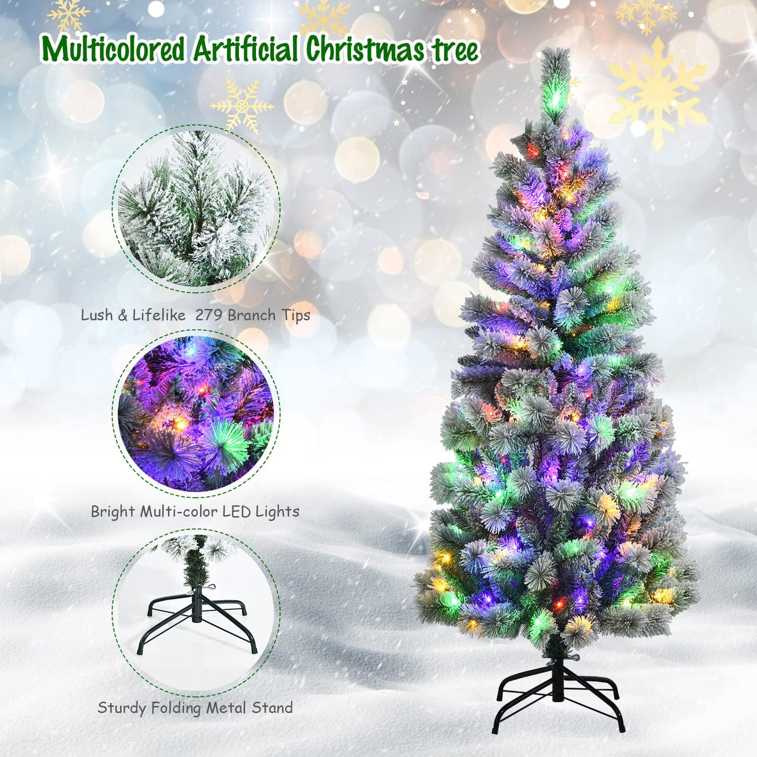 GYMAX Pre-lit Hinged Snow Flocked Christmas Tree with Multi-Color LED Lights