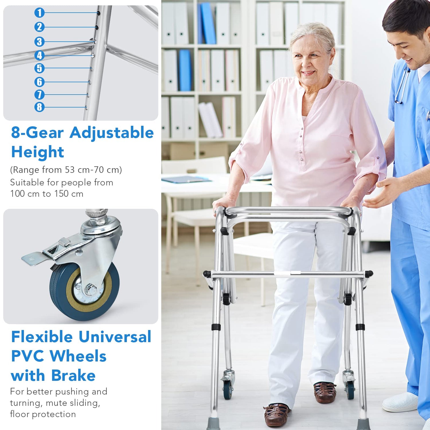 Lightweight Standard Walker with Wheels and Non-Slip Foot Pad