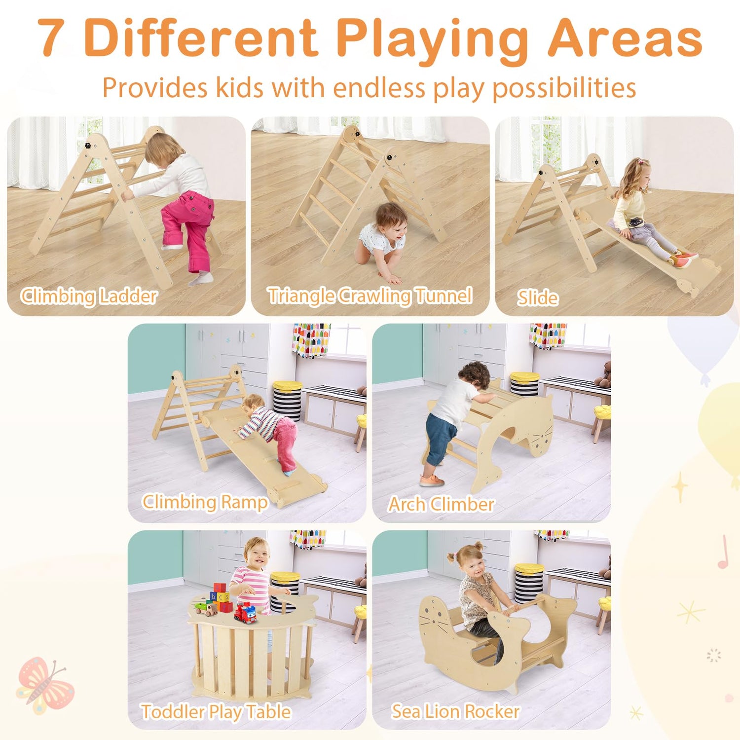 GYMAX 7 in 1 Kids Climbing Set, Foldable Wooden Toddler Climber with Reversible Ramp & Sea Lion Rocker