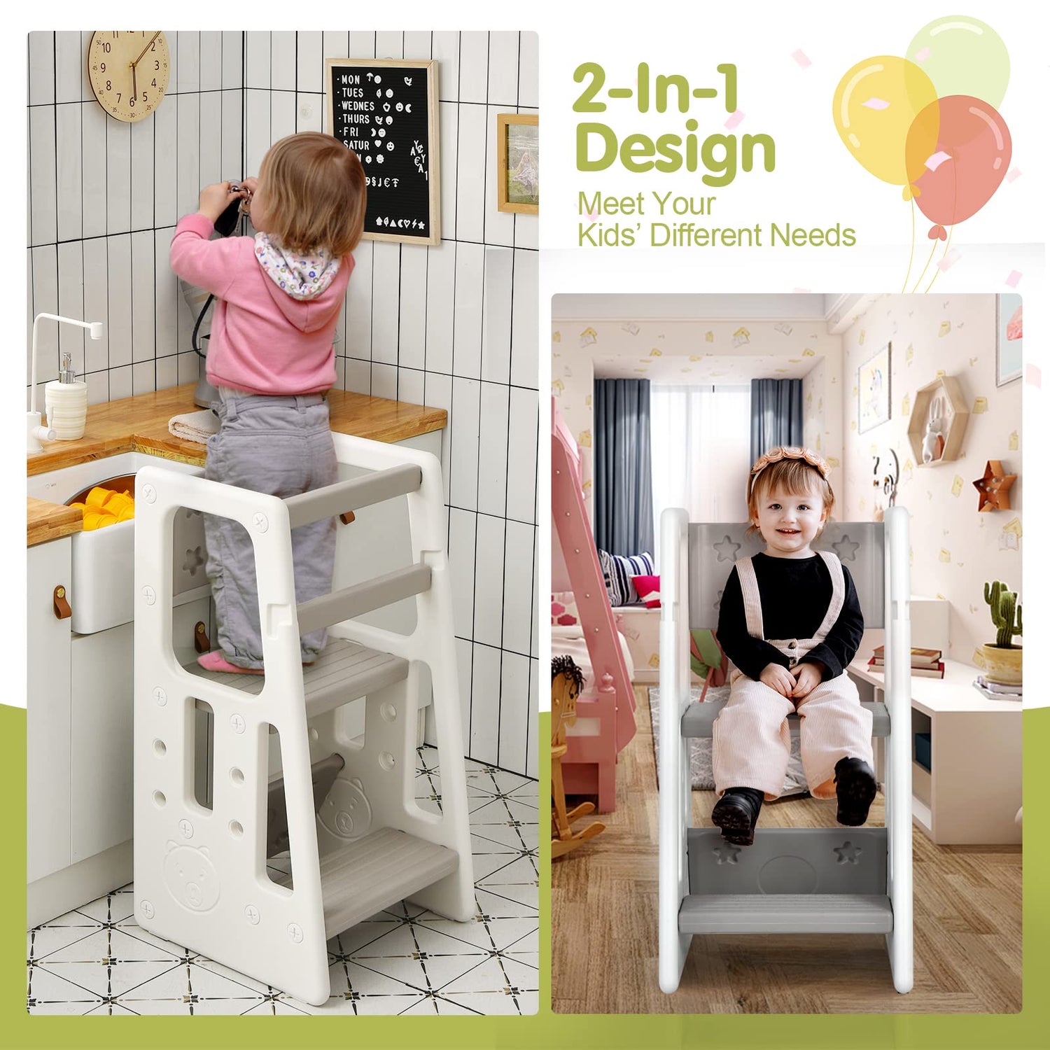 GYMAX Step Stool for Kids Kitchen Helper Stand with Double Safety Rails