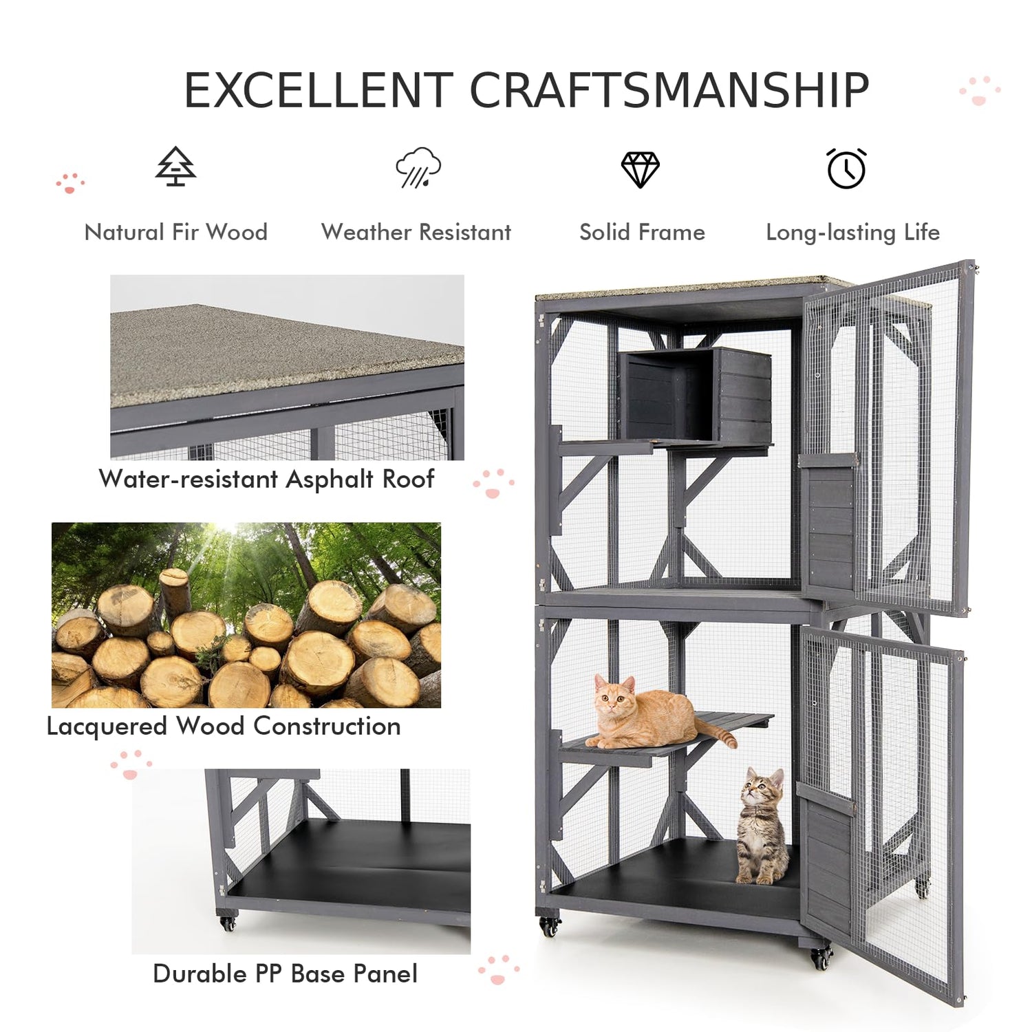 GYMAX Large Cat House, Wooden Cat Enclosure on Wheels with Weatherproof Asphalt Roof, Doors