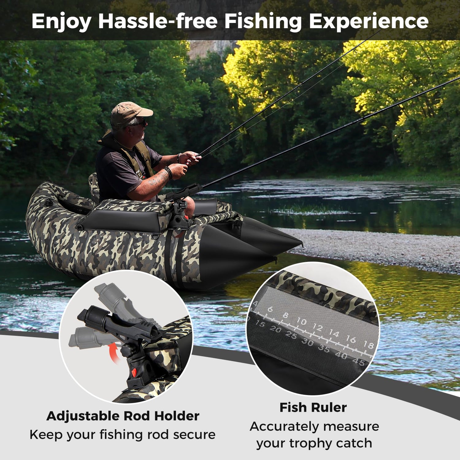 GYMAX Inflatable Fishing Float Tube, Fishing Boat with Adjustable Backpack Straps, Pump, Fish Ruler