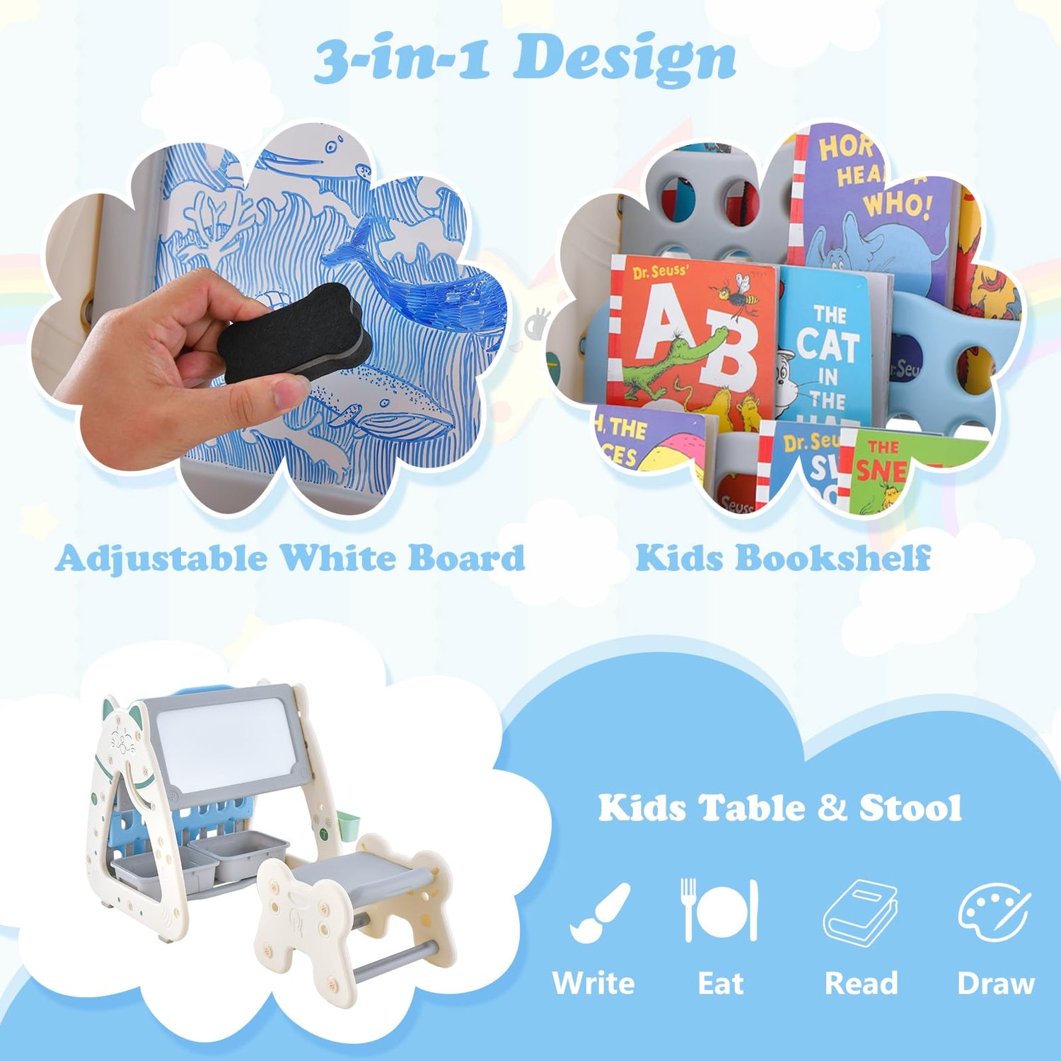 GYMAX 3 in 1 Kids Art Easel, Height Adjustable Toddler Drawing Easel with 4-Tier Bookshelf