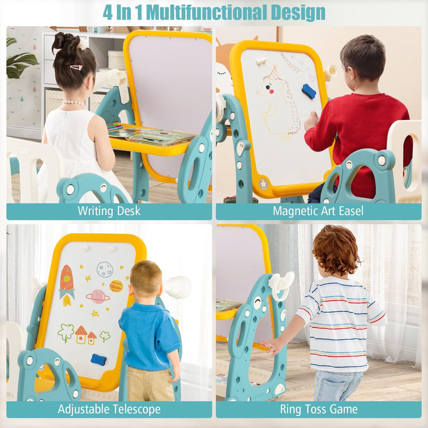 GYMAX 4 in 1 Kids Easel, Toddler Table and Chair Set with 3-Level Adjustable Whiteboard