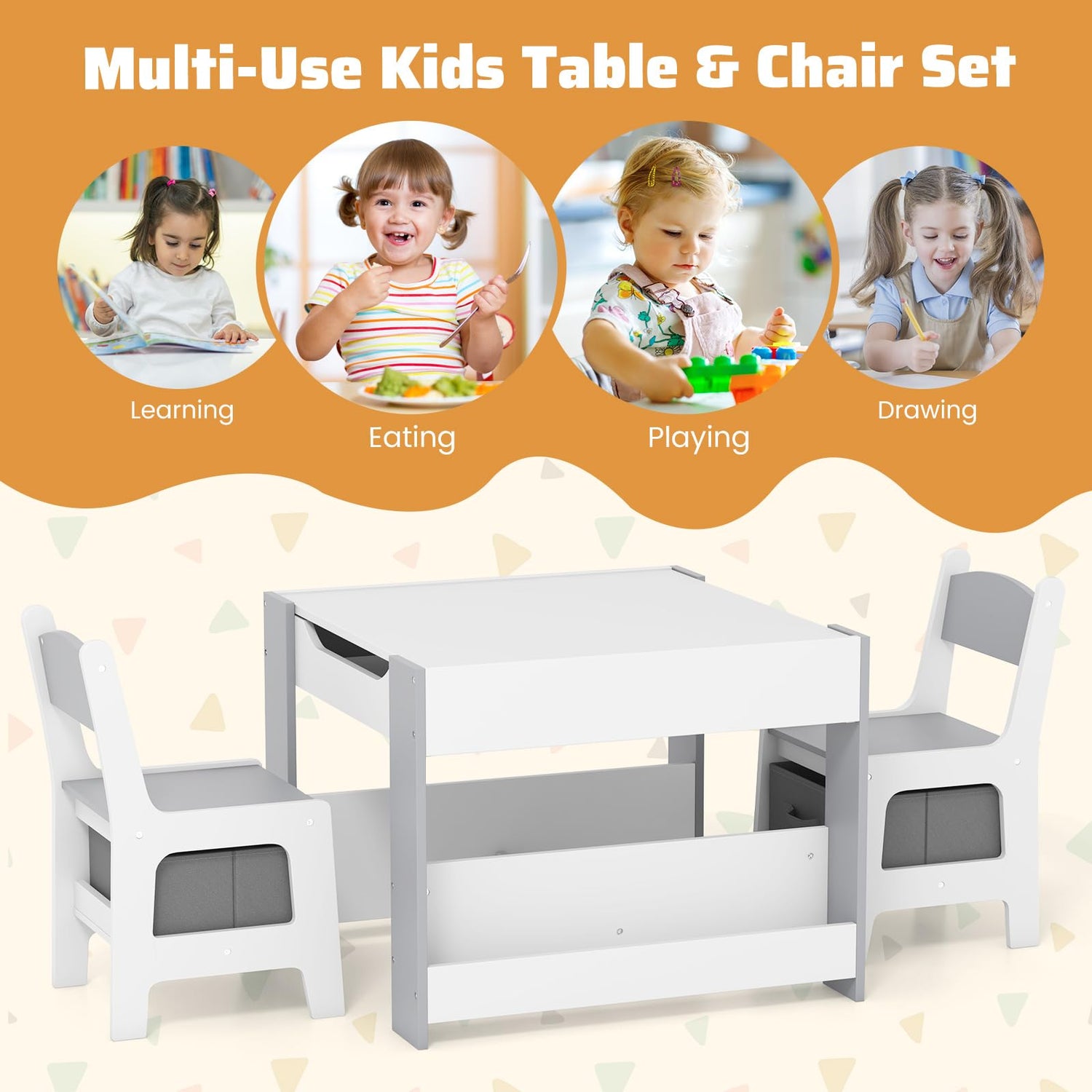 GYMAX 4 in 1 Wooden Children Activity Desk with 2 Chairs