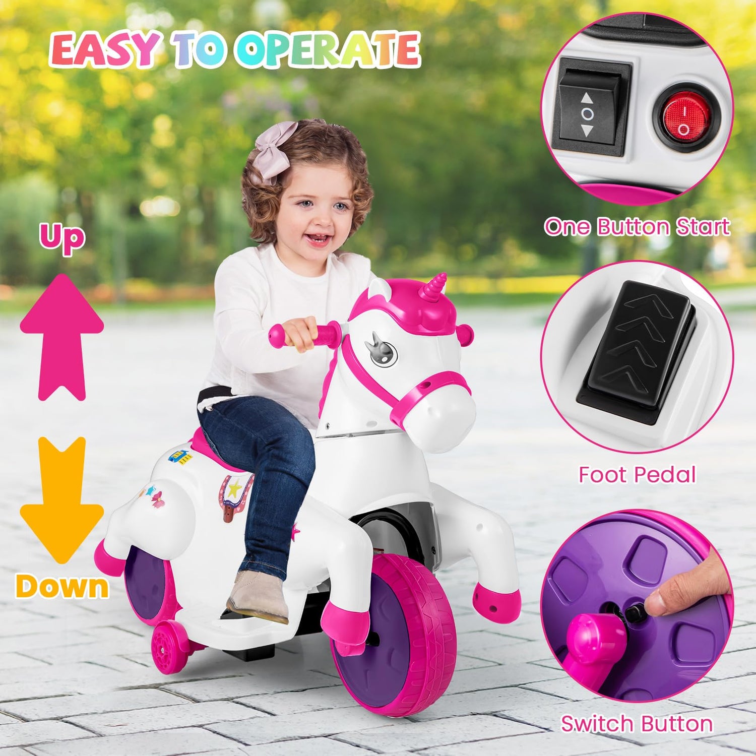 GYMAX Kids Electric Motorbike, 12V Ride on Unicorn with Training Wheels