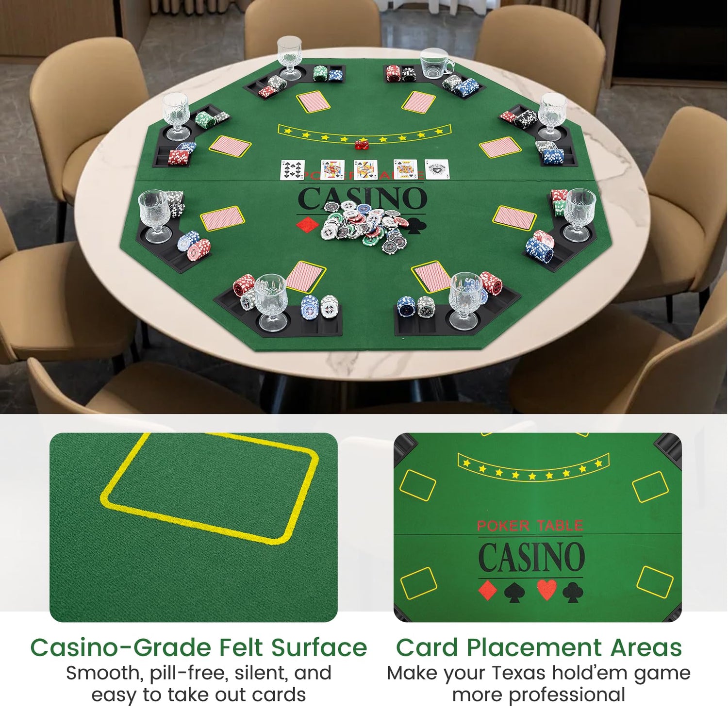 GYMAX 1.2M/48 Inches Foldable Poker Table Top, 8-Player Professional Texas Hold’em Poker Table Mat Layout