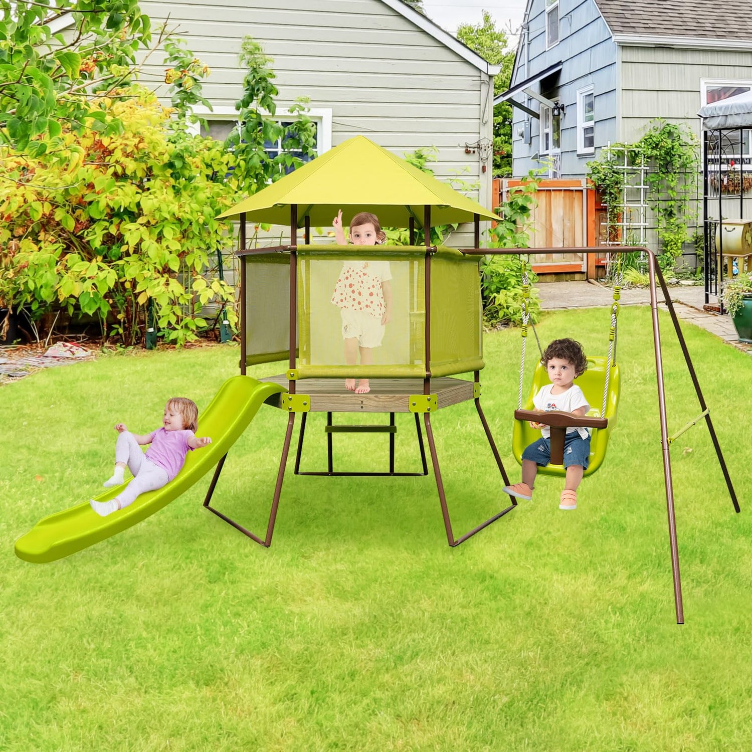 GYMAX 4 in 1 Kids Metal Swing A-Frame with Baby Swing