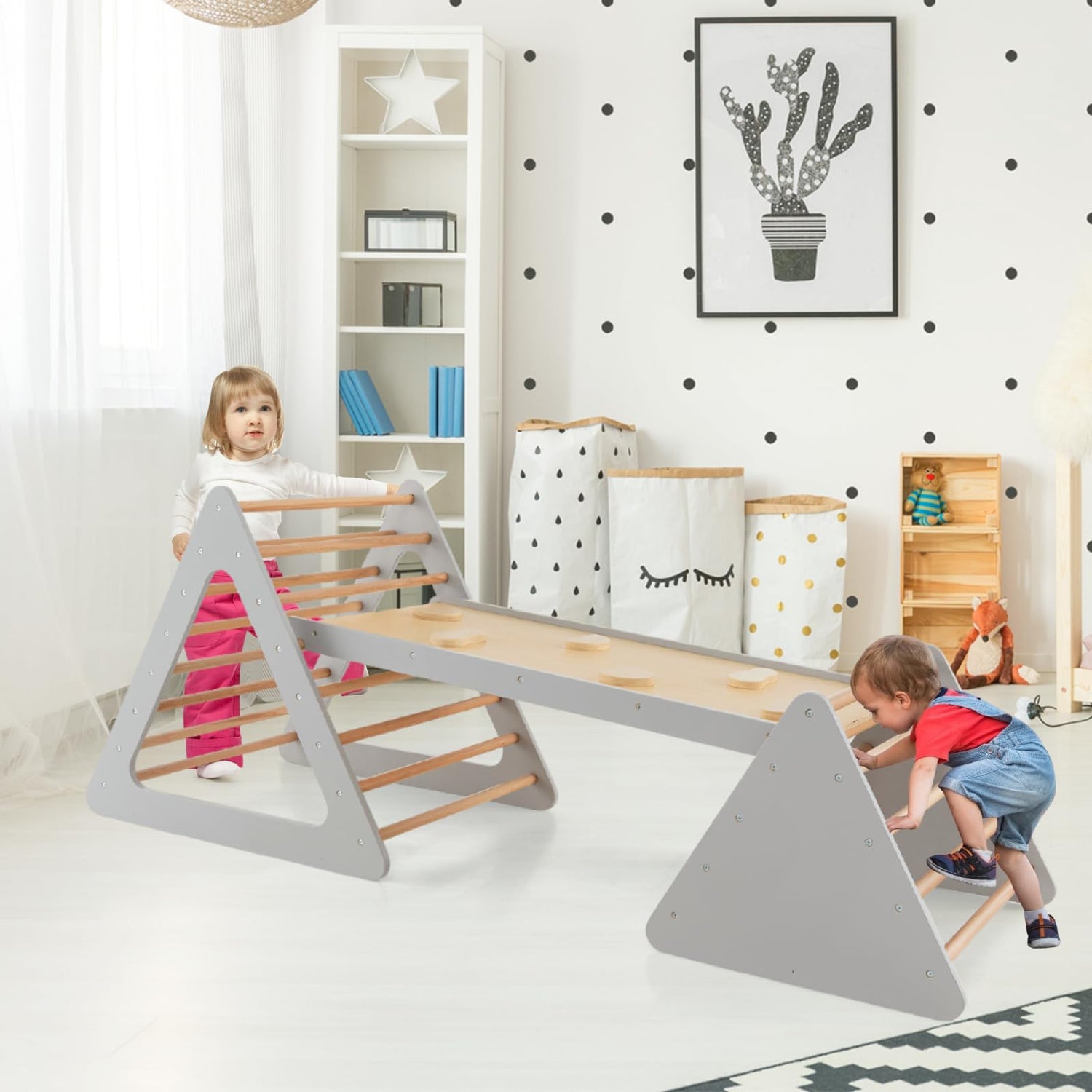 GYMAX 3 in 1 Kids Climbing Set, Wooden Toddler Climbing Frame with Ramp