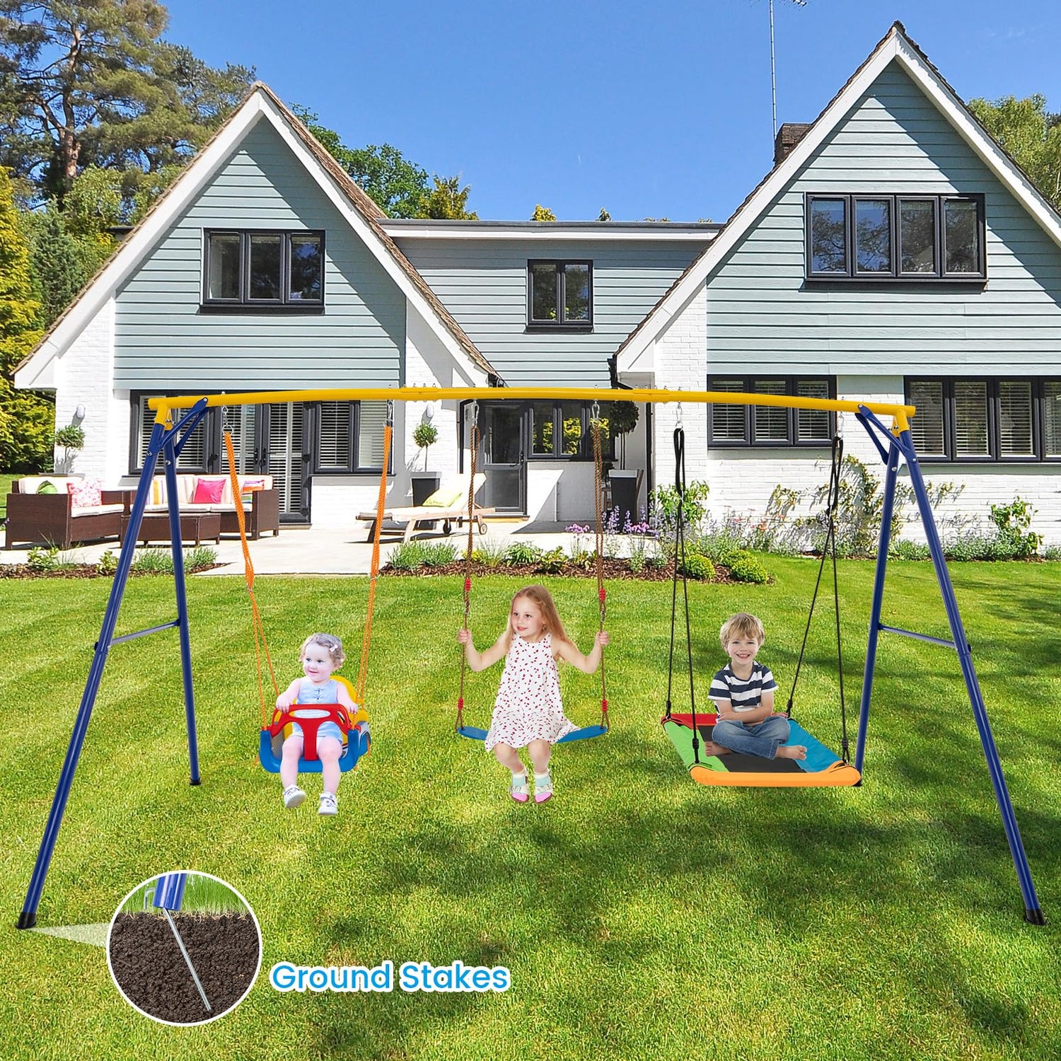 GYMAX 3 in 1 Kids Heavy Duty Metal Swing Frame with Belt Swing