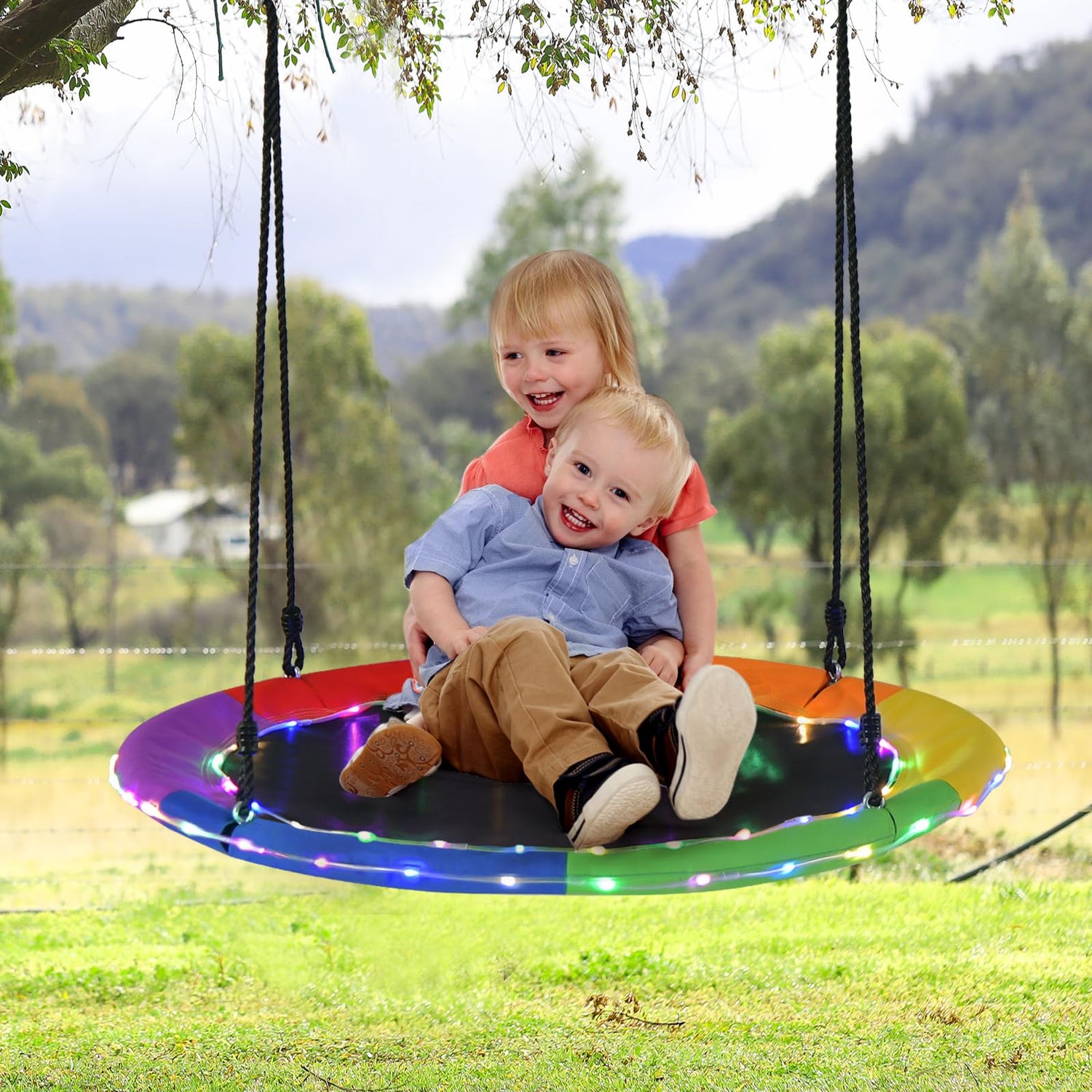 GYMAX 100cm Round Tree Swings with LED Lights