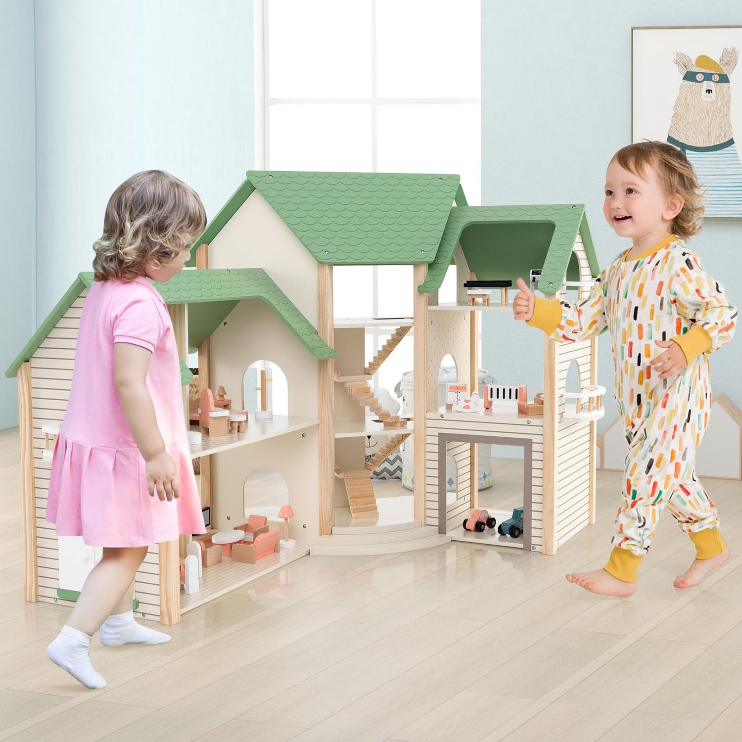 GYMAX Kids Dollhouse, 3-Storey Wooden Dolls House with 6 Simulated Rooms