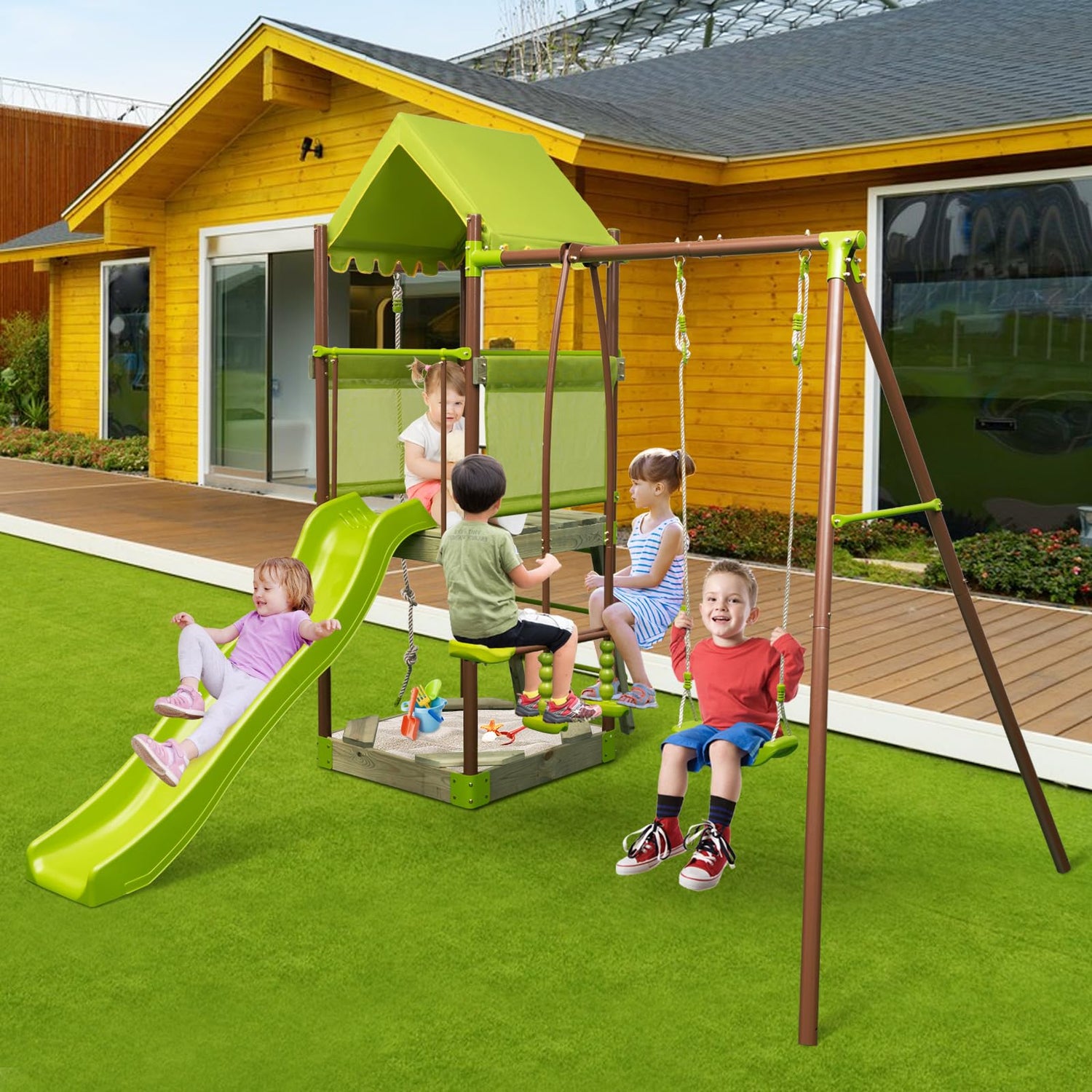 GYMAX 7 in 1 Kids Swing Set with Covered Fort