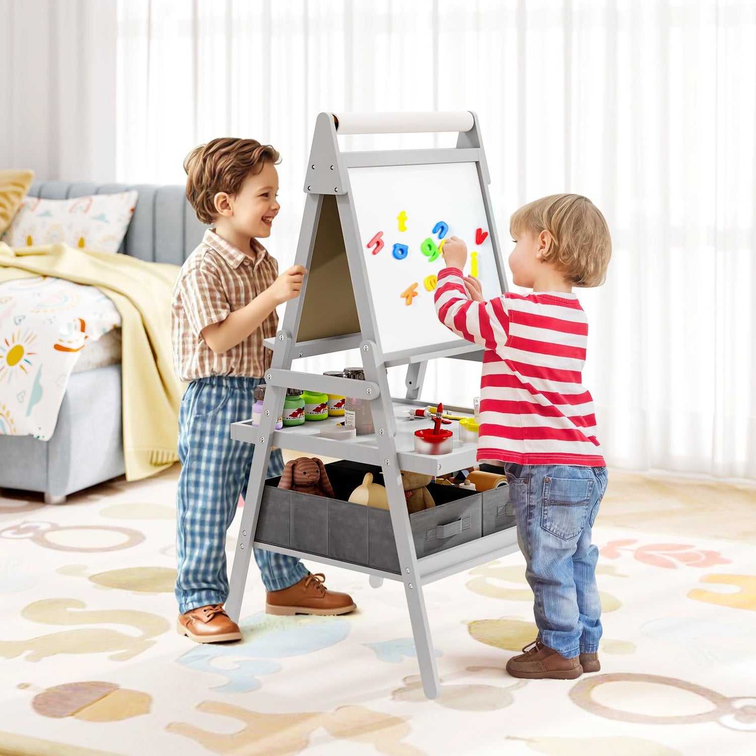 GYMAX Wooden Kids Easel, Double Sided Painting Easel