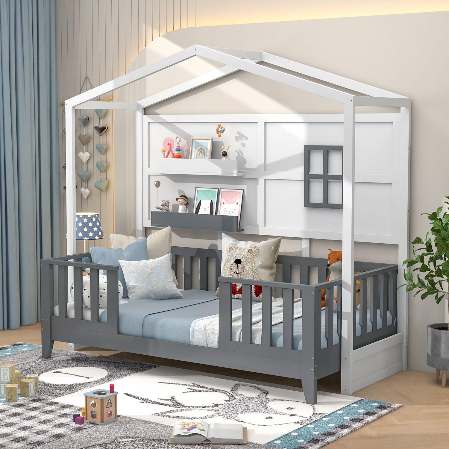 GYMAX Wooden Kids Bed Frame with 2 Shelves and Guardrails