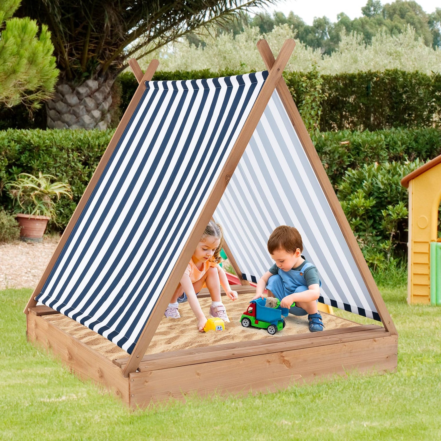 GYMAX Wooden Kids Sandbox with Detachable Canopy & 2 Bench Seats
