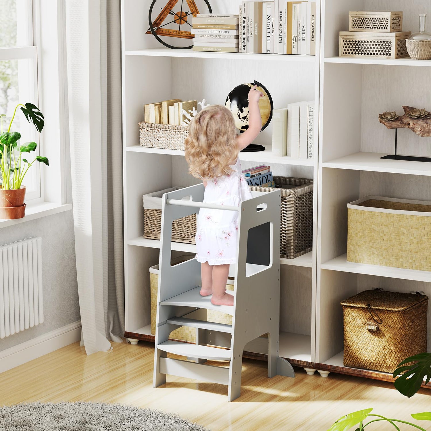 GYMAX Kids Step Stool, Toddler Kitchen Helper Stand Baby Tower with Adjustable Height, Safety Rail & Chalkboard