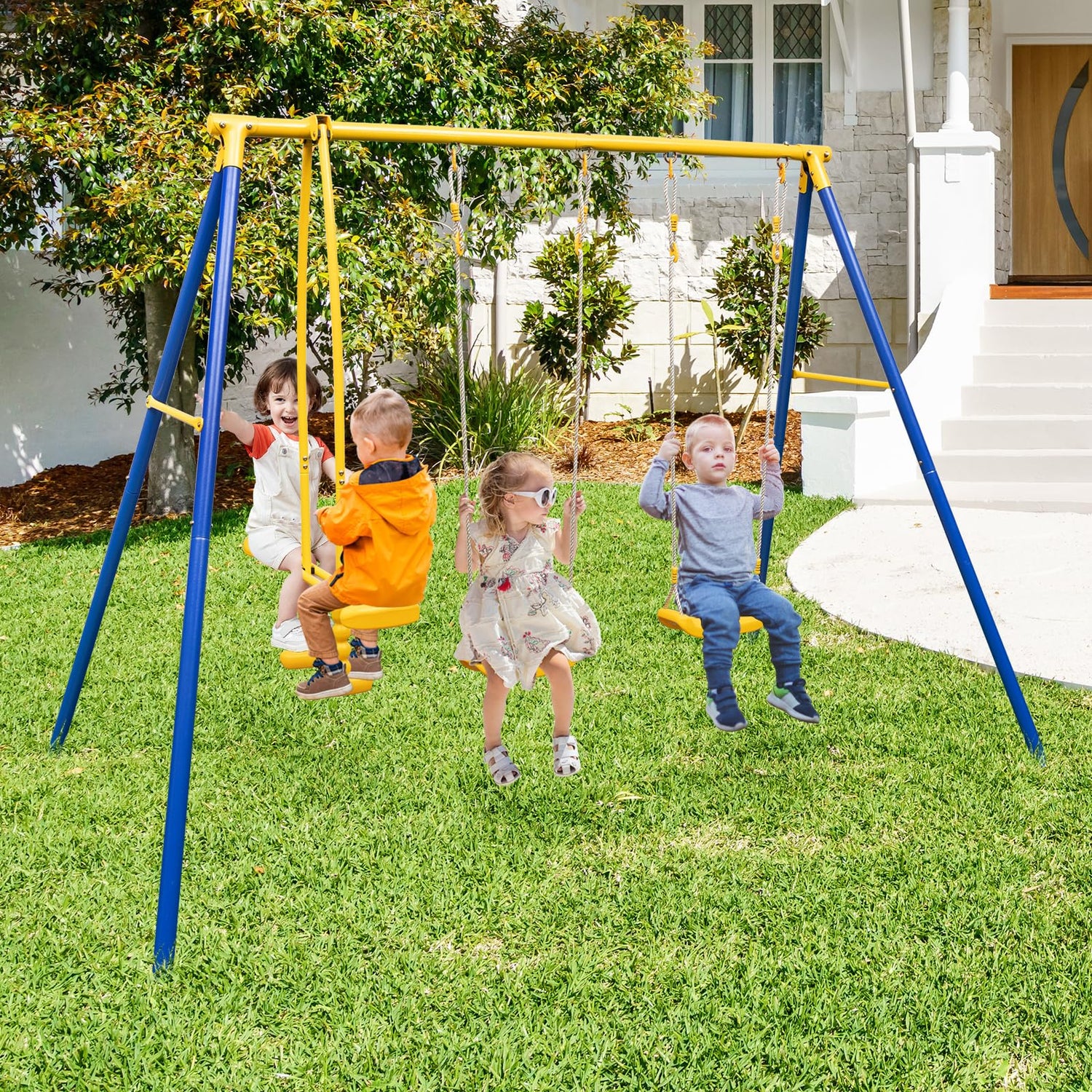 GYMAX Kids Metal Swing A-Frame with Swings