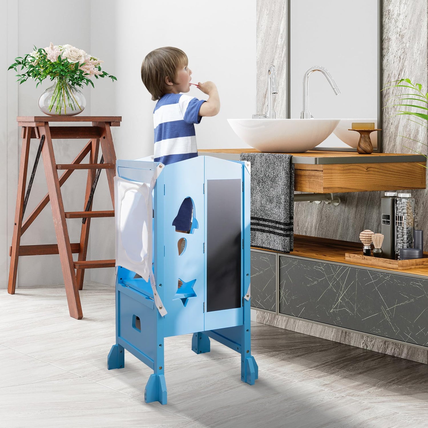 GYMAX Kids Step Stool, Wooden Kitchen Toddler Helper Stand with Adjustable Height