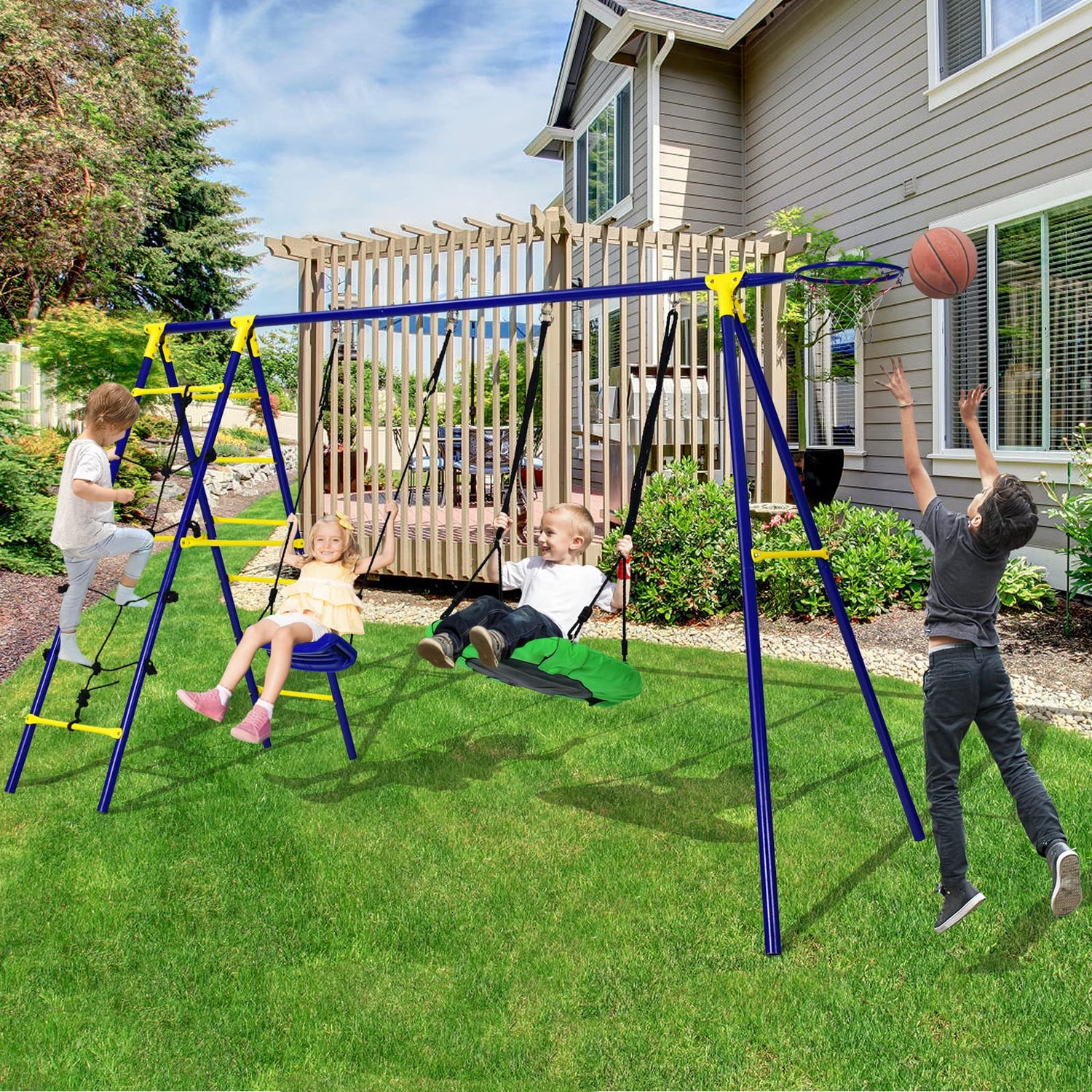 GYMAX Kids Metal Swing A-Frame with 2 Swings
