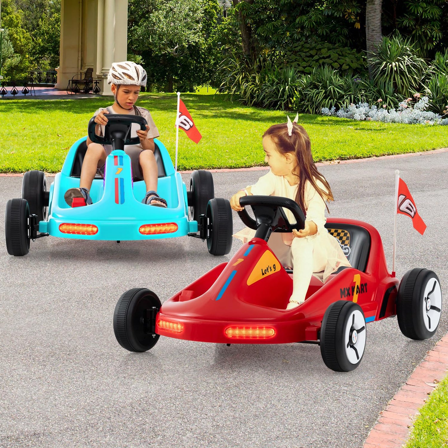 GYMAX 12V Electric Go Kart, Kids Battery Powered Car with Remote Control, Music, Story, Flags
