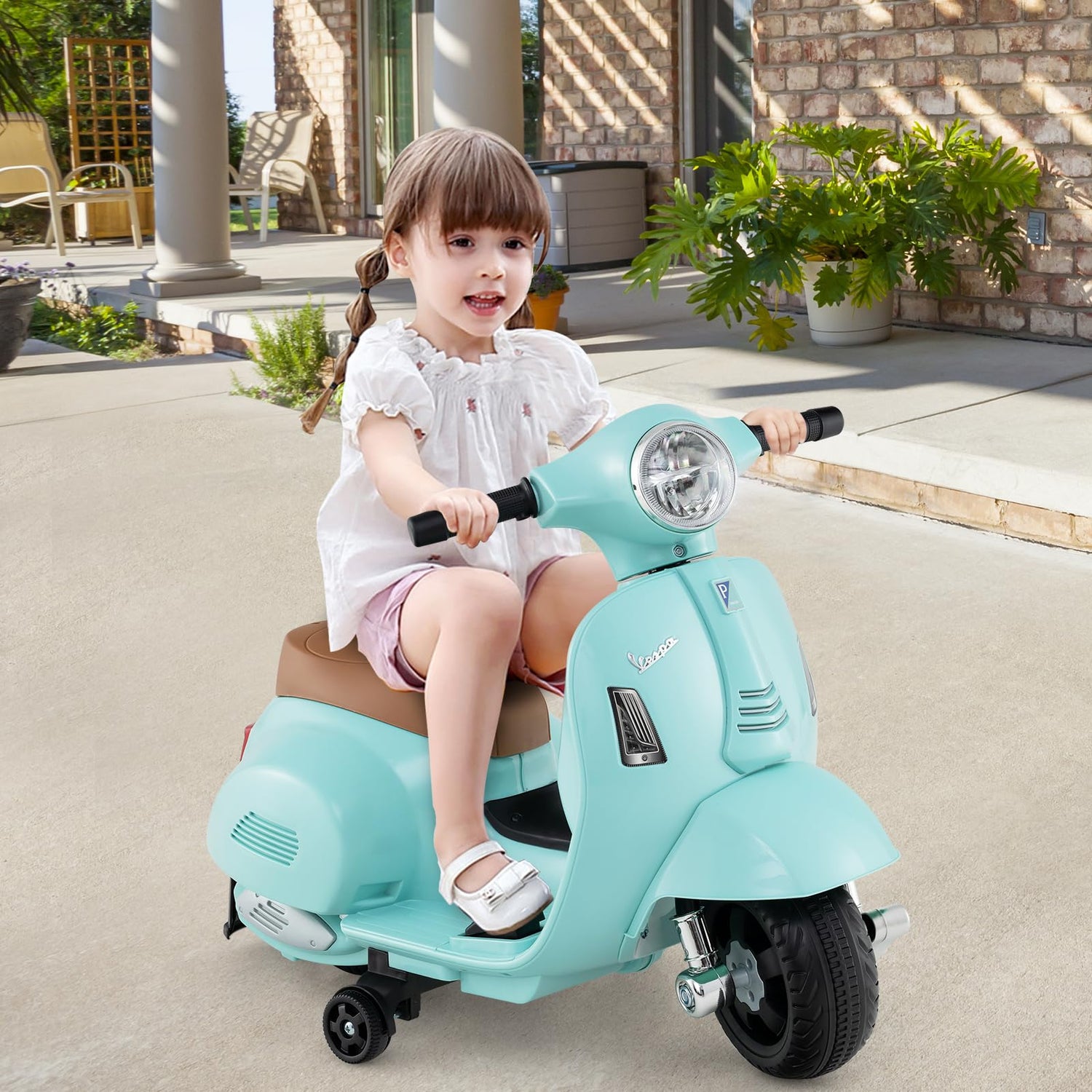 GYMAX Kids Electric Motorbike, 6V Battery Powered Licensed Vespa Motorcycle with Training Wheels