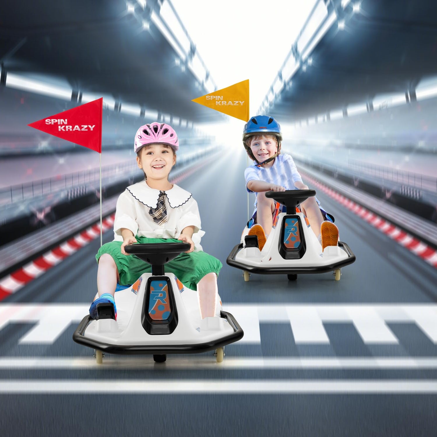 GYMAX 24V Kids Ride On Car, Electric Go Kart with 360° Spin Wheels, Wireless Connection, USB, Radio, Music