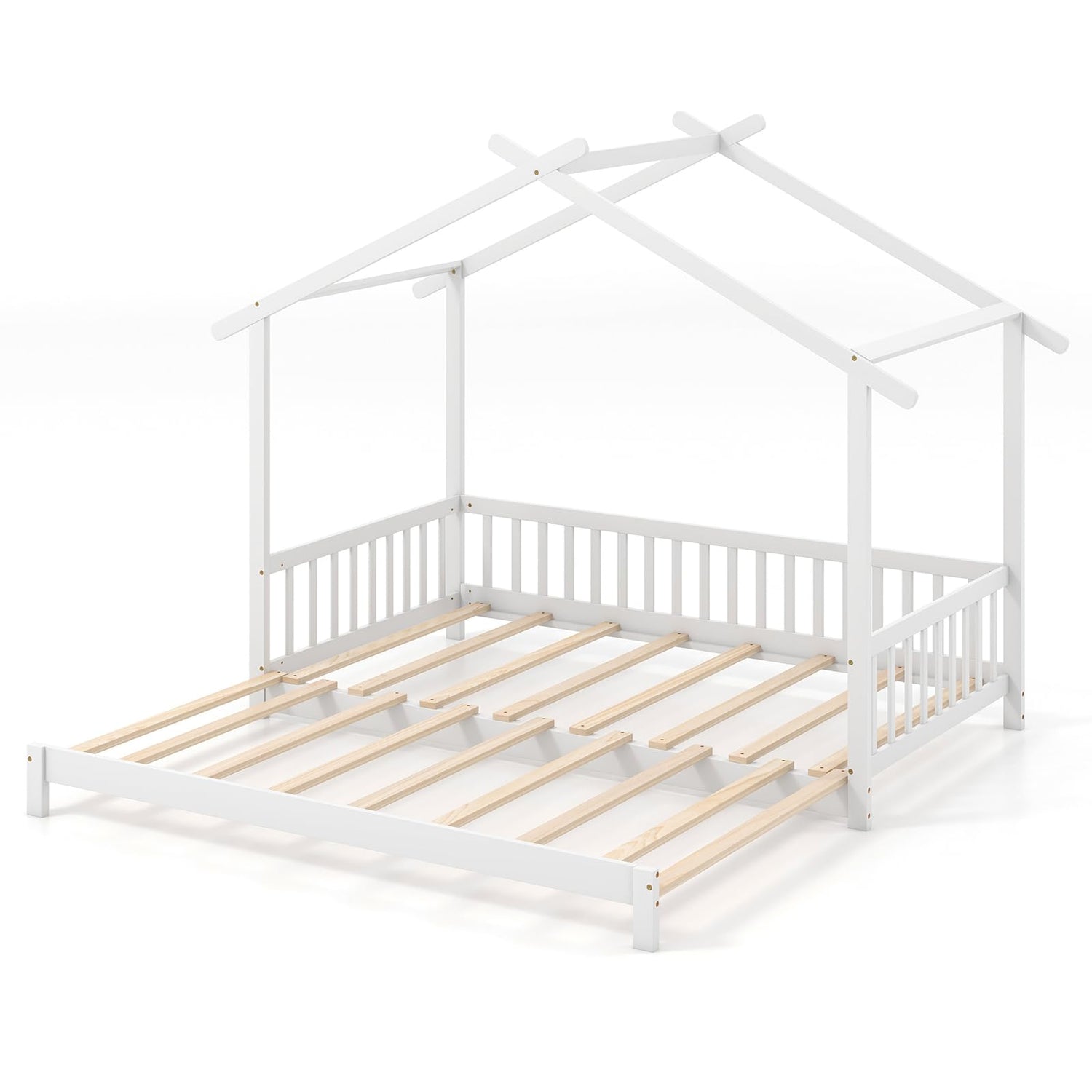 GYMAX Wooden Kids Bed Frame with Safety Guardrails and Roof