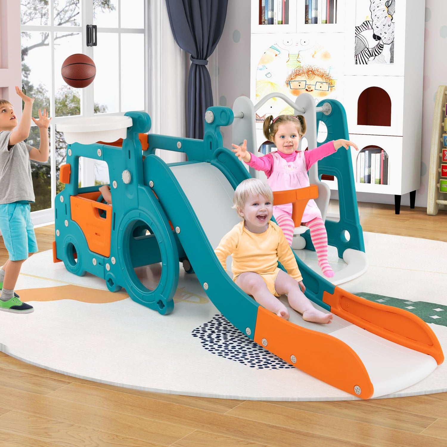 GYMAX Toddler Slide and Swing Set, 5-in-1 Kids Slide